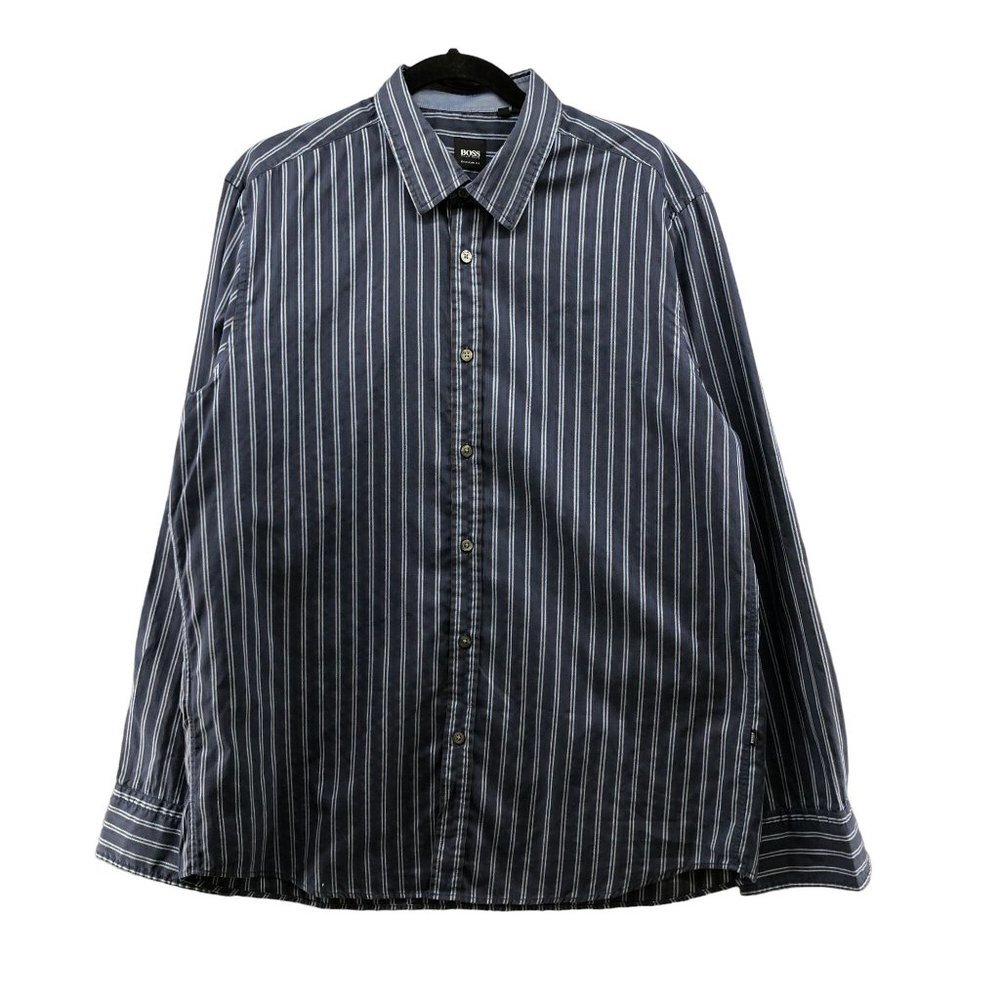 Hugo Boss Lucas Dress Shirt Mens XL Blue Gray Striped Long Sleeve‎ Cotton